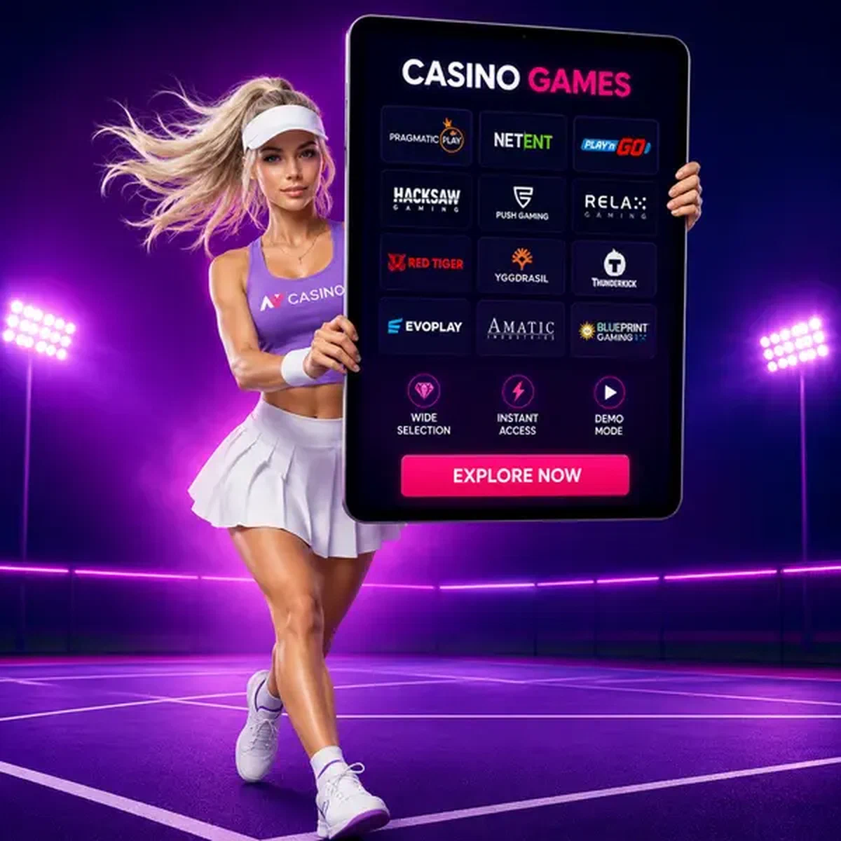 Athletischer Spielkurator präsentiert NV Casino Spieleauswahl auf leuchtendem Tablet-Display