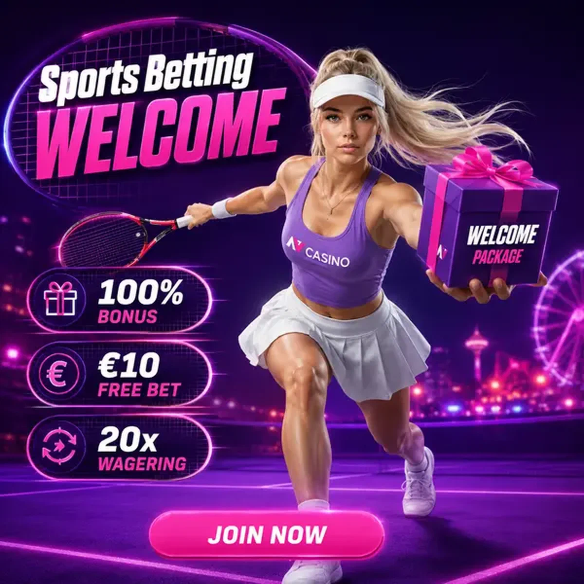 Tennis-Champion präsentiert NV Sportwetten-Willkommenspaket auf violettem Platz mit magentafarbener Beleuchtung