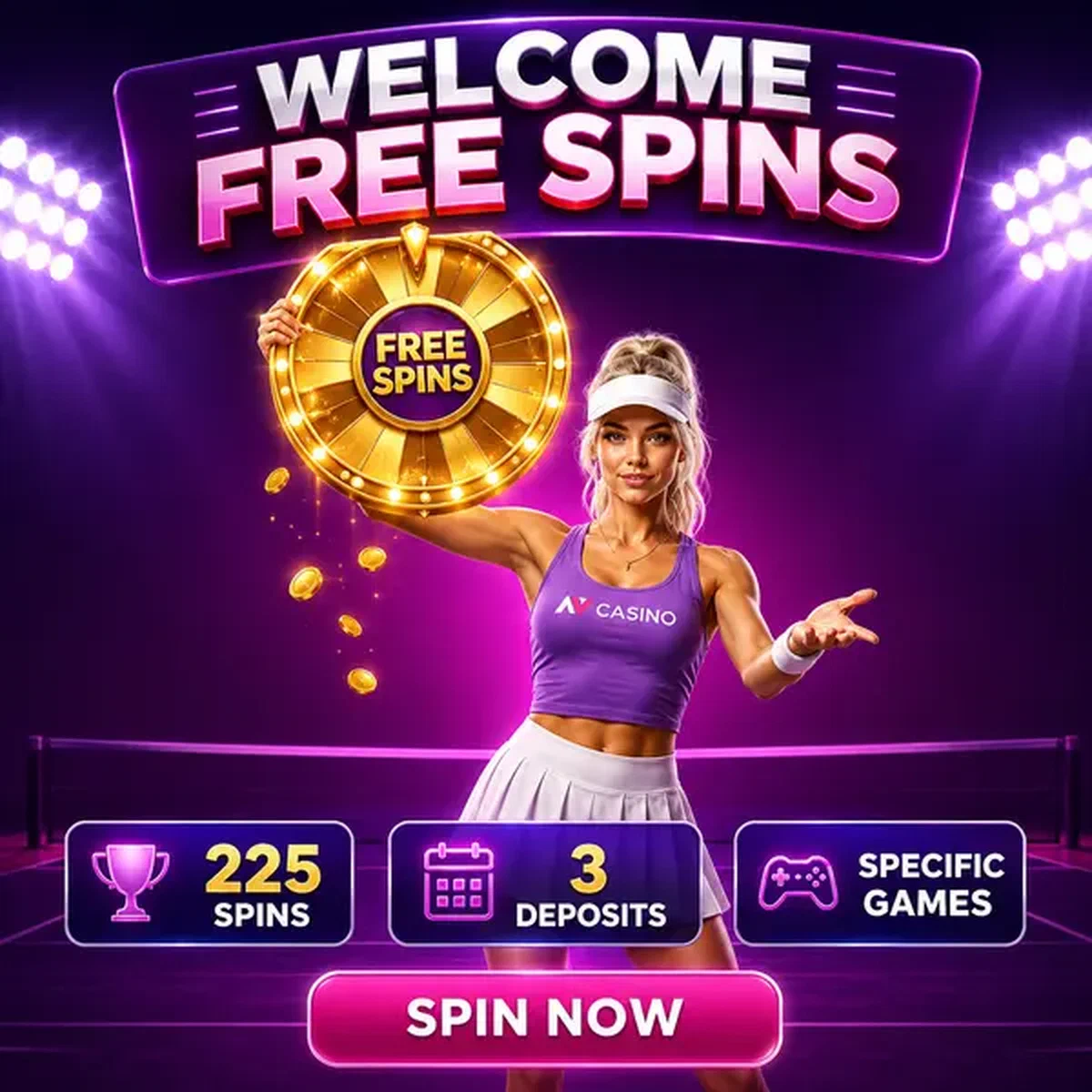 Athletische blonde Spielerin hält goldenes Preisrad für Freispiele bei NV Slots-Feier