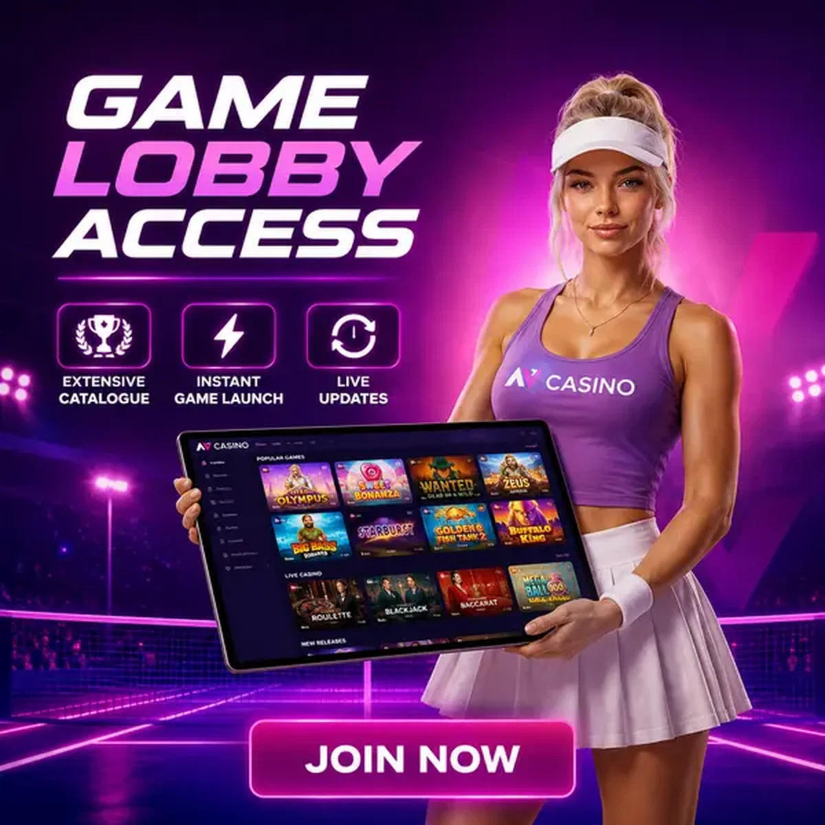 Tennis-Champion präsentiert Spiellobby-Zugang bei NV mit lebendiger Tablet-Anzeige