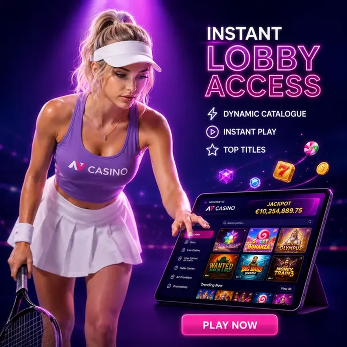 Tennisspieler erkundet NV Casino Lobby nach Abschluss der Anmeldung auf leuchtendem Tablet-Bildschirm
