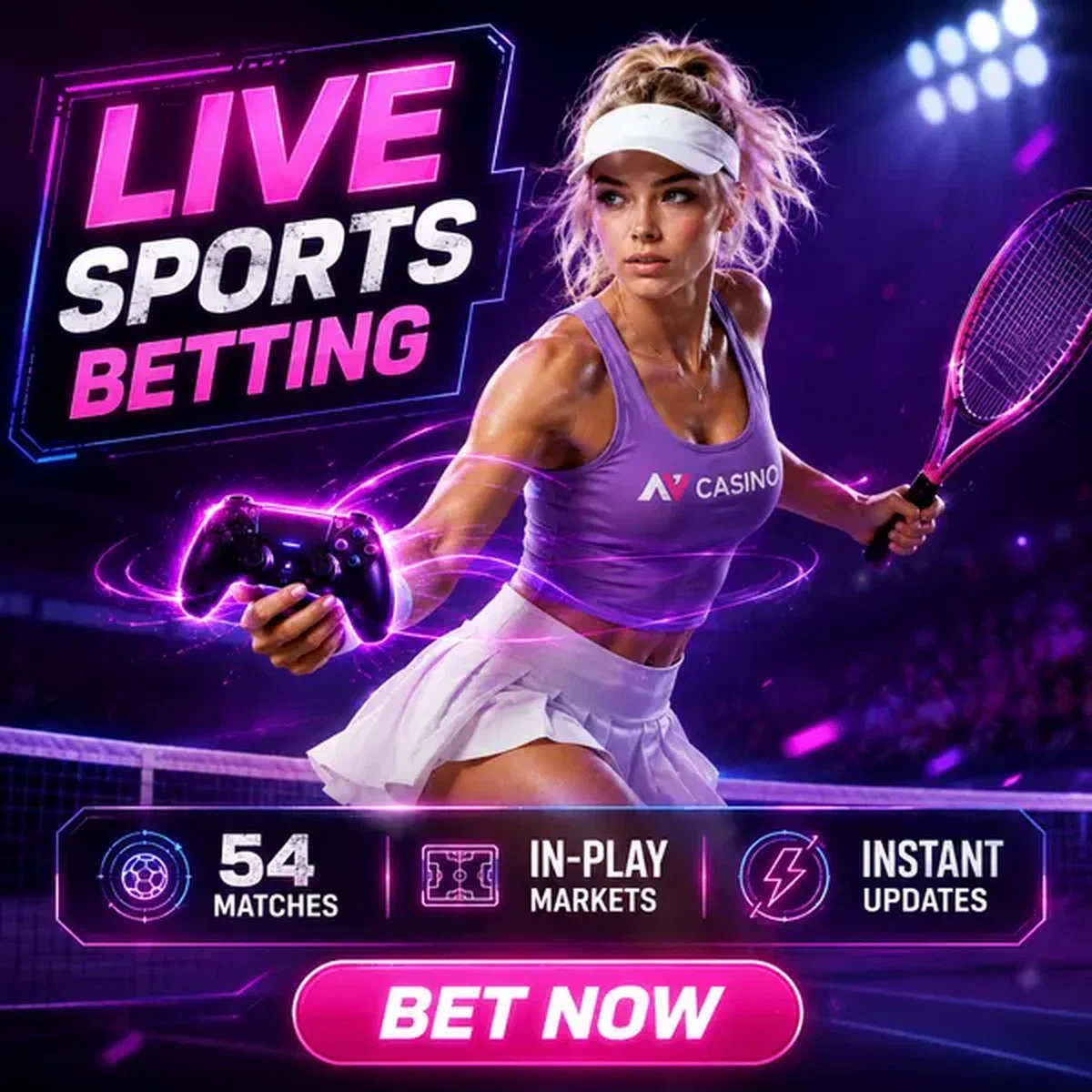 Tennis-Champion hält leuchtenden Controller in Live-Sportwetten-Arena mit Neon-Spuren