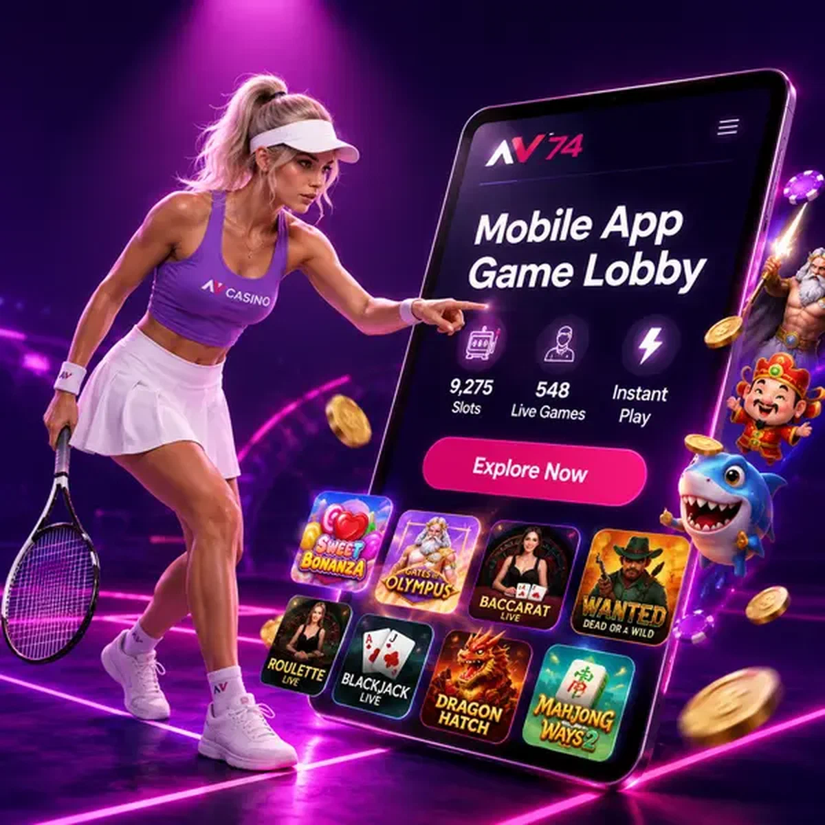 Athletischer Charakter tippt auf NV Mobile App Bildschirm mit herausfallenden Spiellobby-Icons
