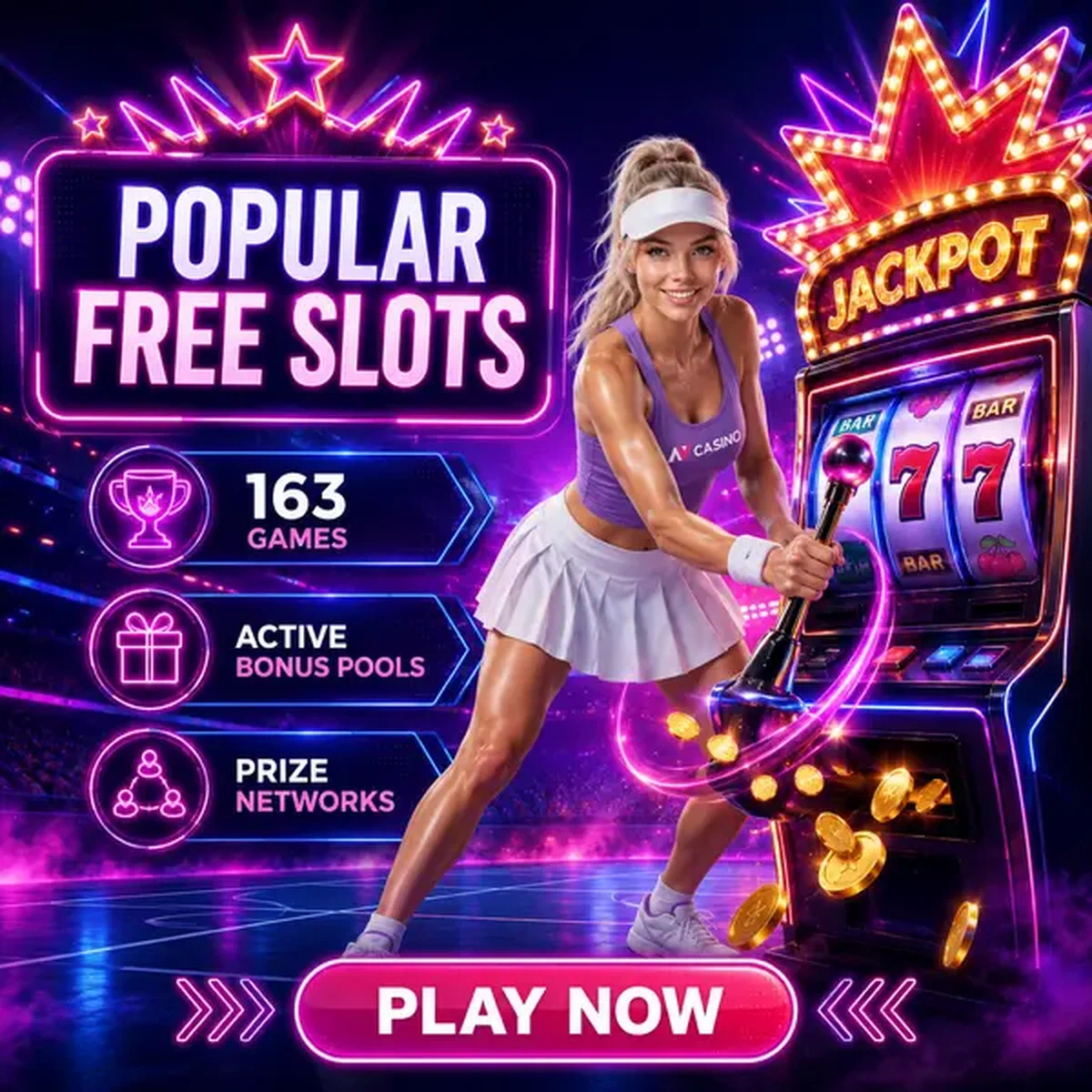Athletischer Champion zieht Hebel an gekröntem Spielautomaten in der NV Free Slots-Arena